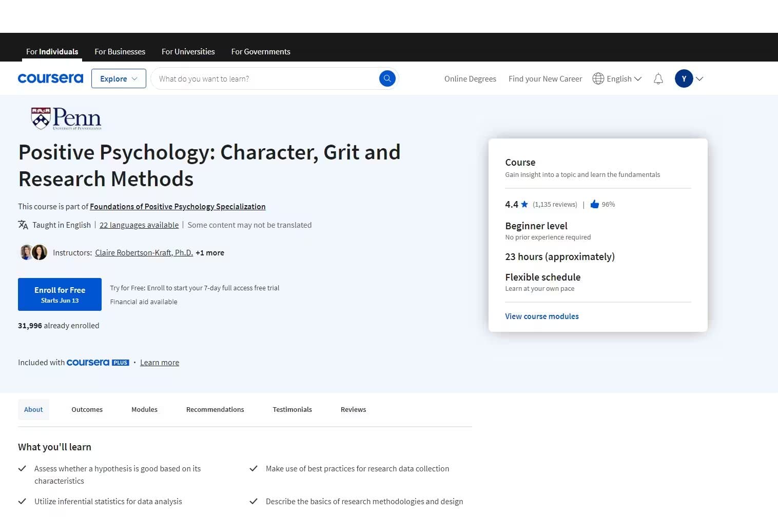 Positive Psychology: Character, Grit and Research Methods | University of Pennsylvania | Coursera