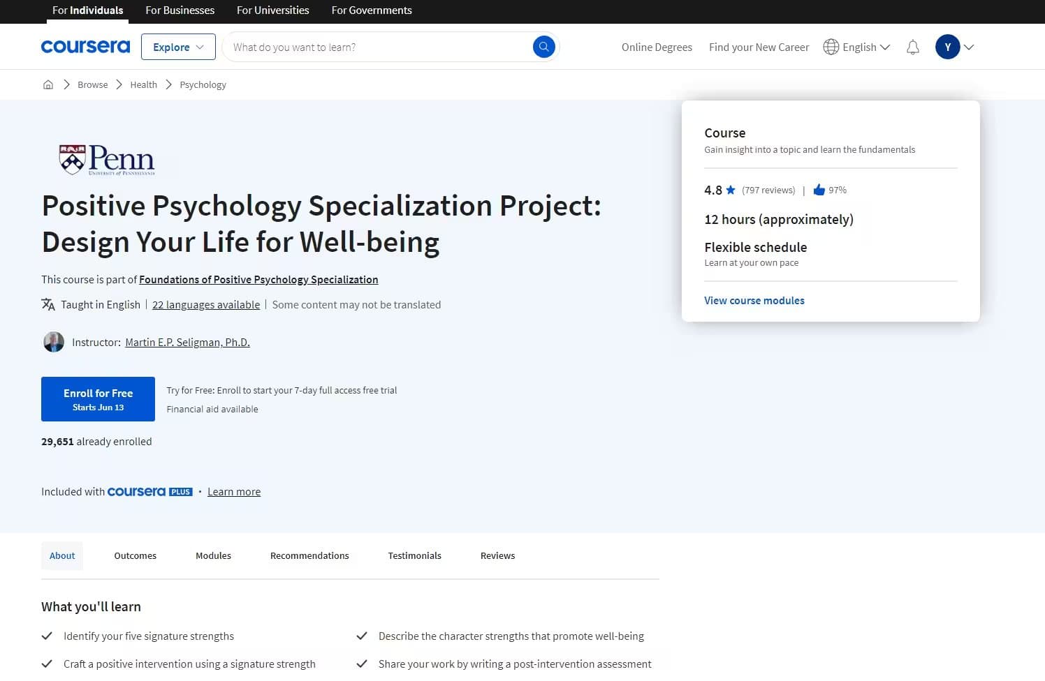 Positive Psychology Specialization Project: Design Your Life for Well-being | University of Pennsylvania | Coursera