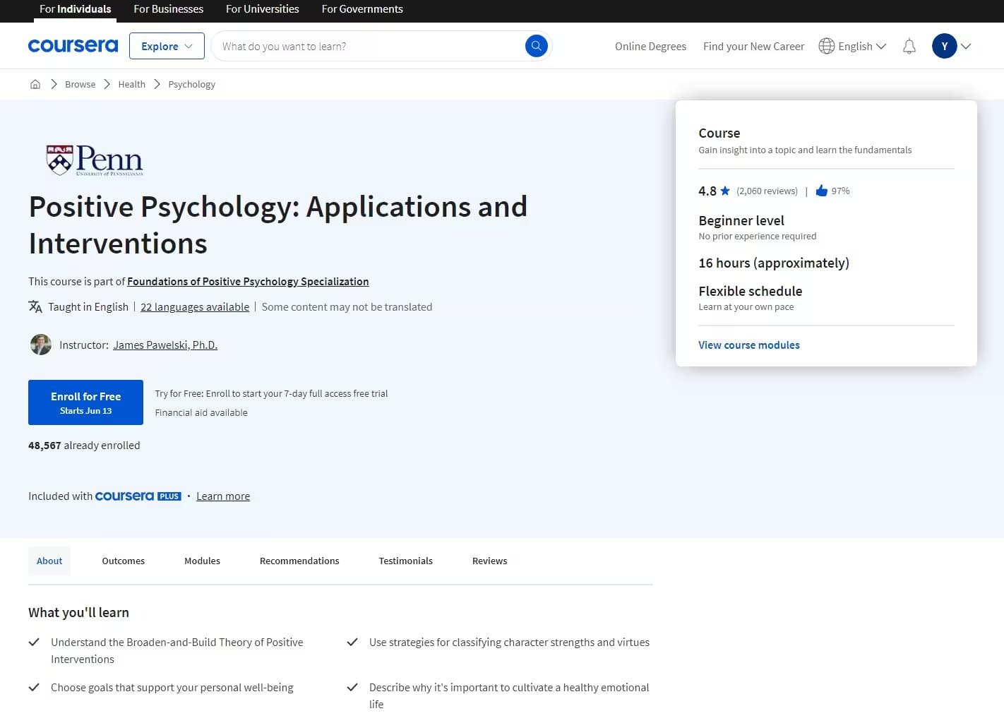 Positive Psychology: Applications and Interventions | University of Pennsylvania | Coursera