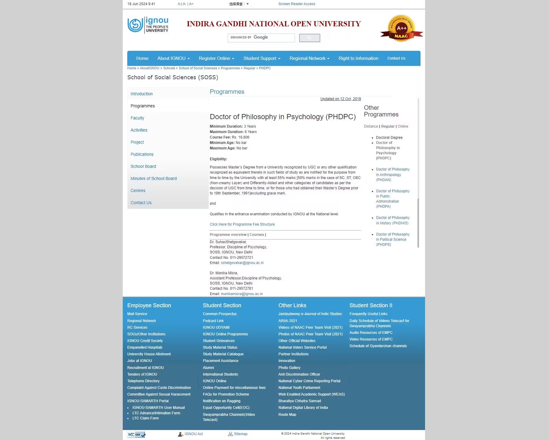 IGNOU - School of Social Sciences (SOSS) - Doctor of Philosophy in Psychology (PHDPC)